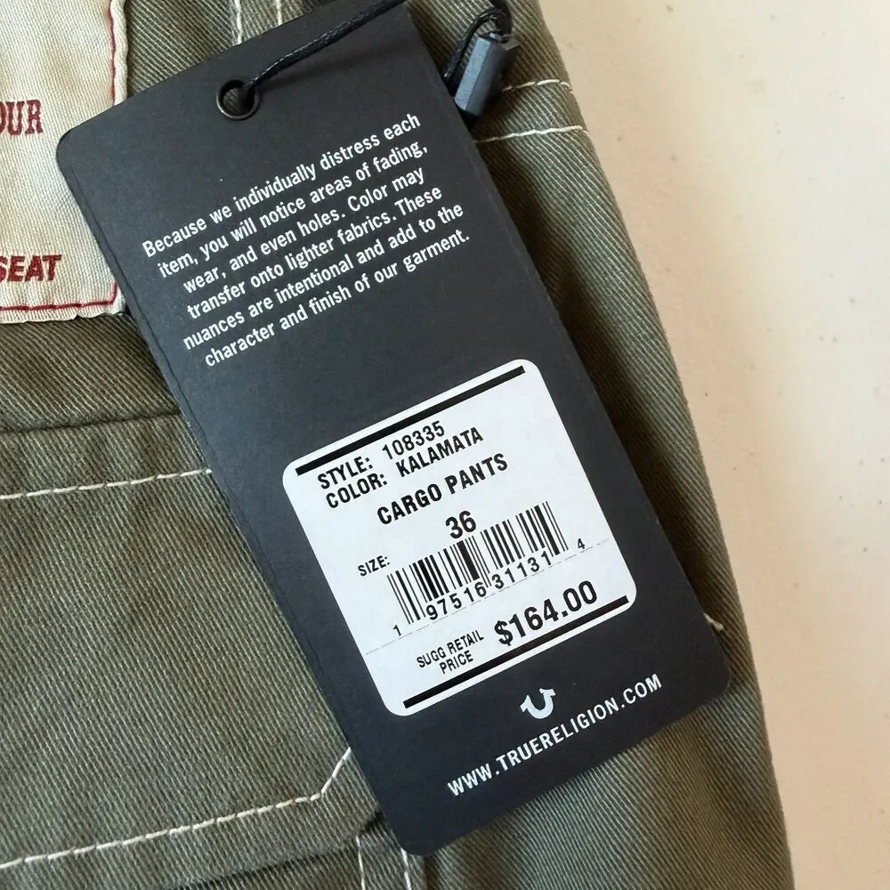 True Religion Men’s Green Cargo Pants 36 Regular Straight Leg Canvas Cotton